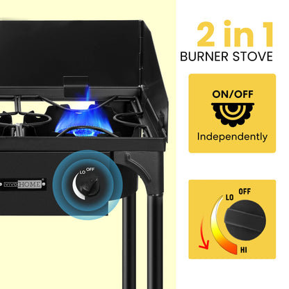 VIVOHOME 150,000 BTU Double Burner Propane Stove, Heavy-Duty Outdoor Portable Camp Stove with Windscreen & Detachable Legs for Camping, Backyard, BBQ Cookouts