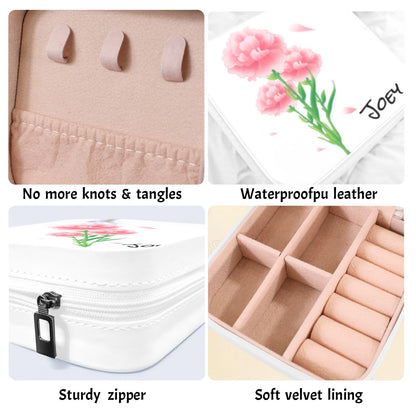 Personalized Jewelry Box With Name and Flower Custom Travel Leather Jewelry Organizer Box for Women Maid of Honor Gifts Birthday Valentine's Day Christmas Gifts for Girls Girfriend Mom
