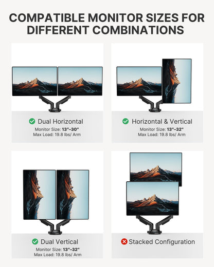 HUANUO Dual Monitor Stand - Full Adjustable Monitor Desk Mount Swivel Vesa Bracket with C Clamp, Grommet Mounting Base for 13 to 32 Inch Computer Screens - Each Arm Holds 4.4 to 19.8lbs