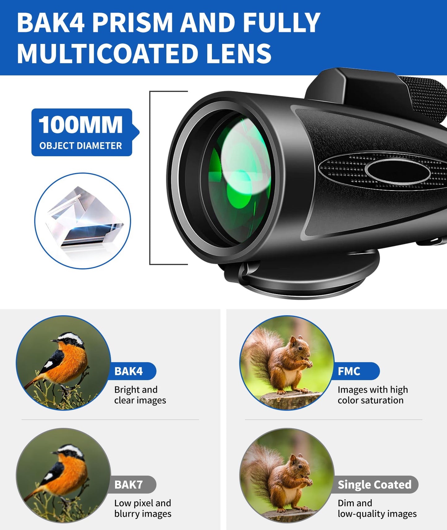 Monocular Telescope 80x100 High Power with Smartphone Adapter Tripod,Larger Vision Monoculars for Adults with BAK4 Prism & FMC Lens, Suitable for Bird Watching Hunting Hiking Camping Wildlife-Black