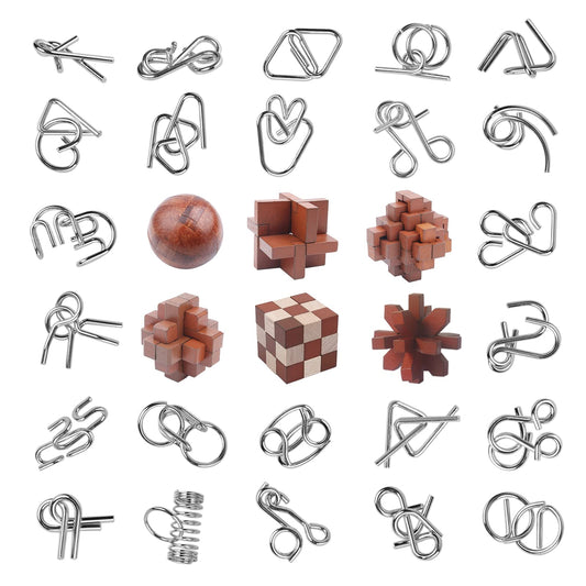 RLYLF 30pcs Brain Teaser Puzzles Game for Adults and Kids Ancient Wooden and Metal Puzzles 3D Educational Toys IQ Logic Train Family Games Party Favor Coffee Time Unlock Interlock Puzzles Box