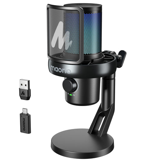 MAONO Wireless Gaming Microphone for PC, Condenser USB Mic with Software AI Voice Change, Noise Cancellation, Custom RGB Lights, Mute,Monitor,Gain Mic for Streaming Recording Podcast DM40 Pro Black
