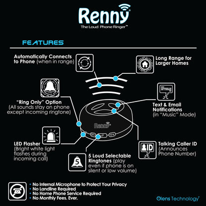 RENNY - Loud Cell Phone Ringer, Amplifier & Flasher for Hearing Impaired & Noisy Environments (117dB) | Wireless Bluetooth Auto-Connect | 5 Selectable Ringtones | No Missed Calls