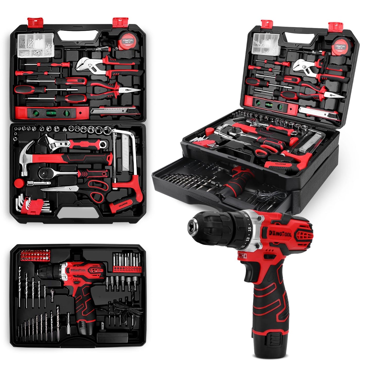 KingTool 276-Piece Tool Set Kit - Tool kit with 12V Cordless Power Drill Driver Toolbox Storage Case with Drawer, Drill Set Perfect for Homeowner, Diyer, Handyman