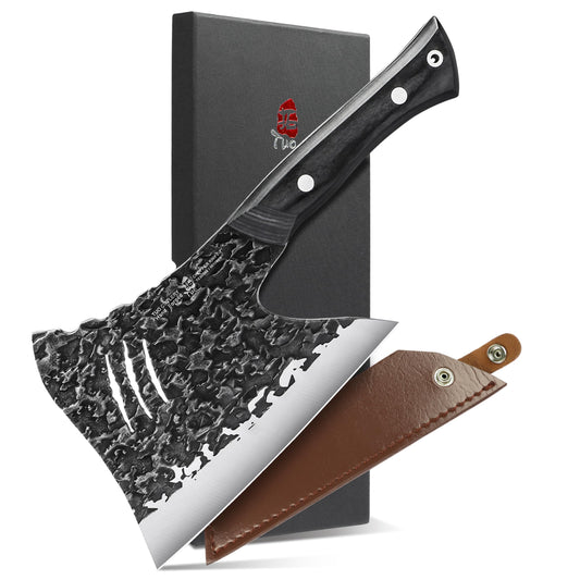 TUO Hand Forged Meat & Bone Cleaver Knife, 7 inch Heavy Duty Butcher Knife with Sheath, Bone Cutter for Meat Cutting, Kitchen Outdoor Cooking, Gift - Pakkawood Handle