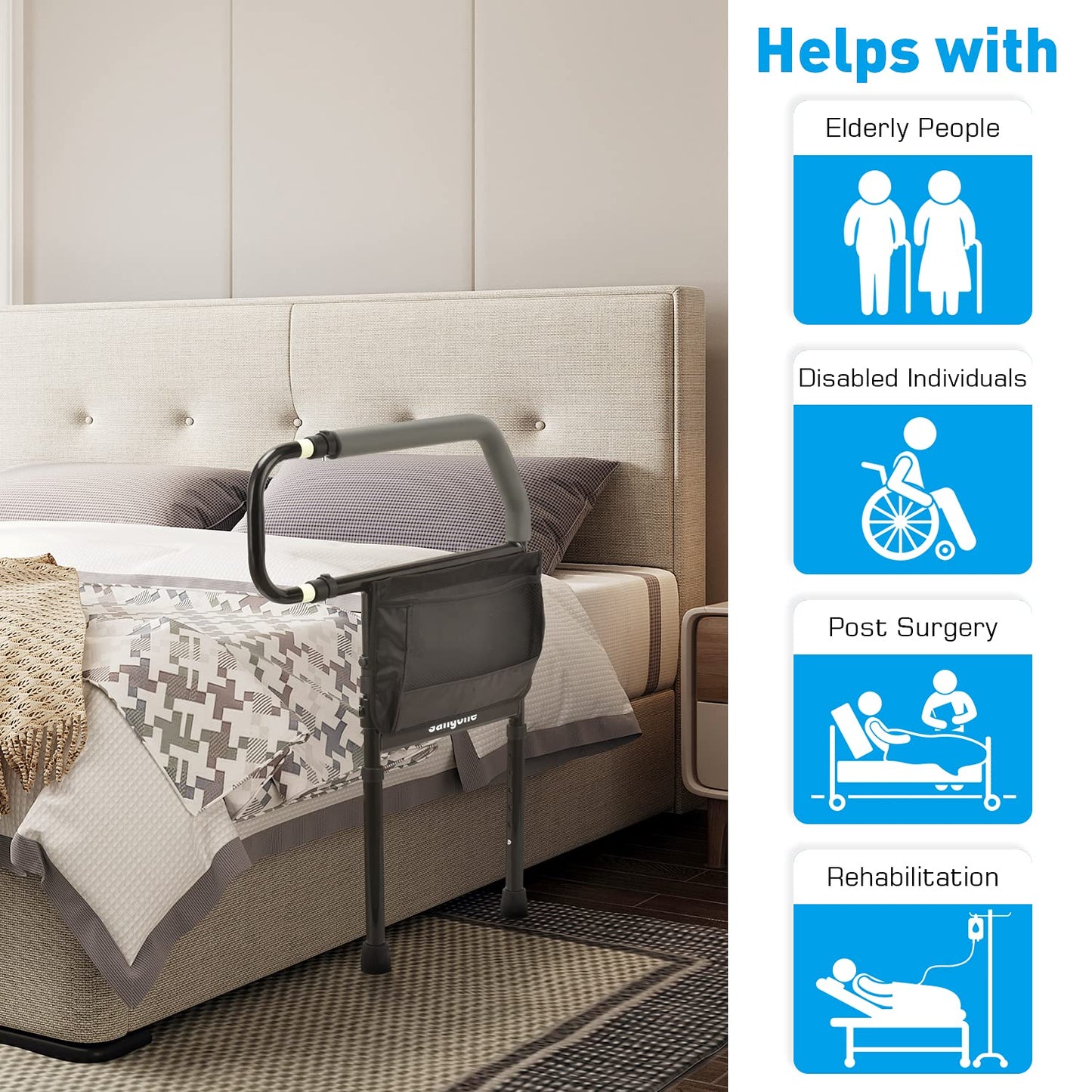 Sangohe Bed Rail for Elderly, Bed Assist Grab Bar Handle with Storage Pocket, Safety Bed Rails for Elderly Adults Getting in & Out of Bed at Home and Dorm - Fit King, Queen, Full, Twin