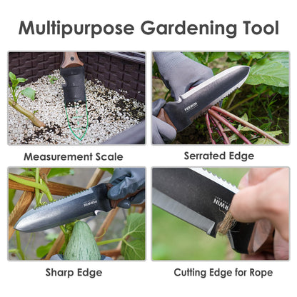 PERWIN Hori Hori Garden Knife, Garden Tools with Sheath for Weeding,Planting,Digging, 7" Stainless Steel Blade with Cutting Edge, Full-Tang Wood Handle with Hanging Hole
