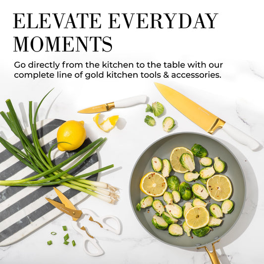 Gold Knife Set with Block Self-Sharpening – 14-Piece Titanium Coated Gold and Off-White Kitchen Knives with White Block and Built-In Sharpener – Stylish Luxury Kitchen Accessories and Decor