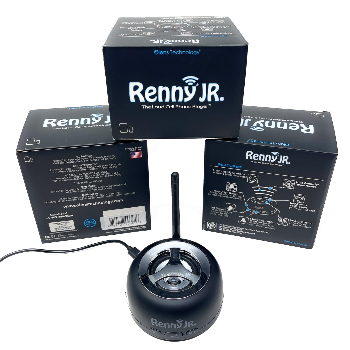 RENNY - Loud Cell Phone Ringer, Amplifier & Flasher for Hearing Impaired & Noisy Environments (117dB) | Wireless Bluetooth Auto-Connect | 5 Selectable Ringtones | No Missed Calls