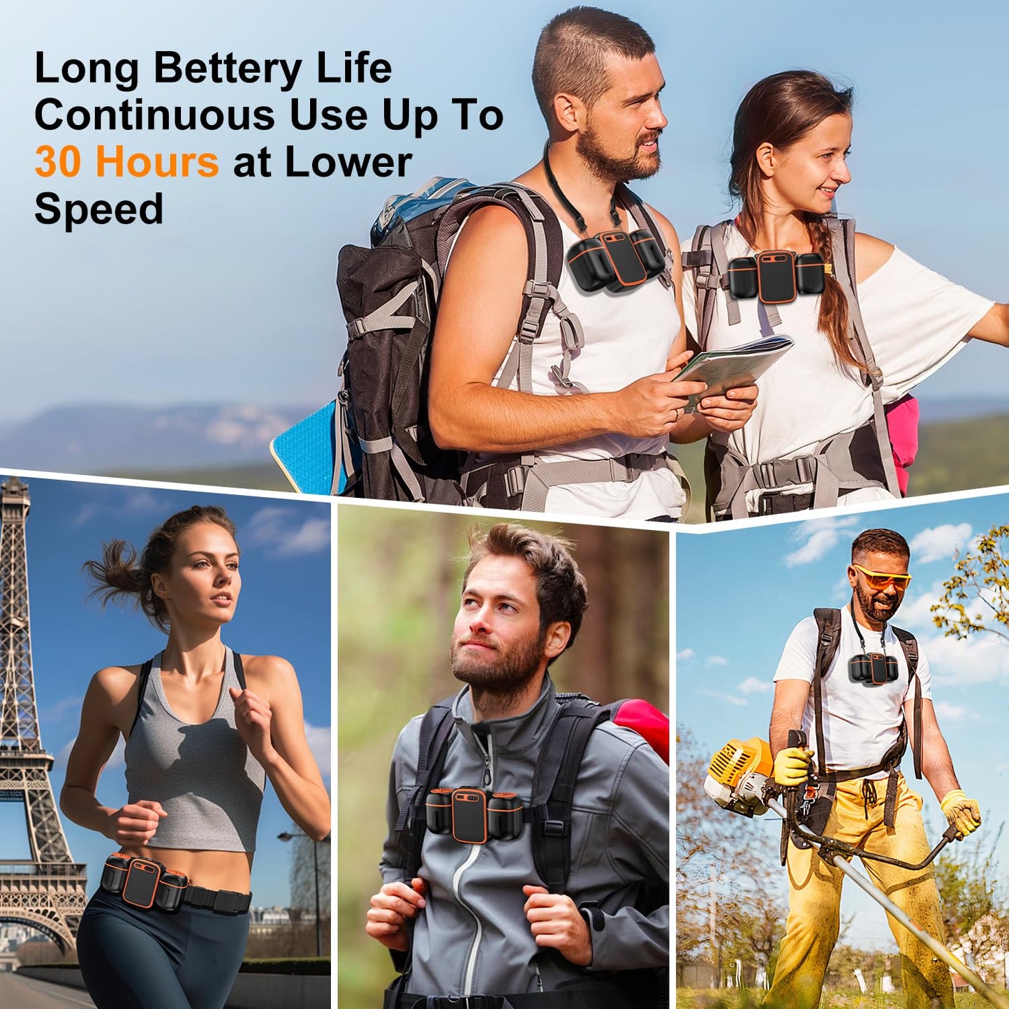 Dogean 2025 Portable Waist Fan with Dual Small Fans for 10 times Strong Wind & Wide Cooling Area 10000mAh Battery Over 30H Working Time Hands-Free Fan with Belt for Outdoor, Sports, Travel(223A黑橘色