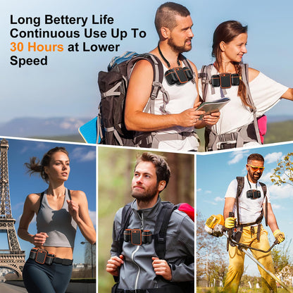 Dogean 2025 Portable Waist Fan with Dual Small Fans for 10 times Strong Wind & Wide Cooling Area 10000mAh Battery Over 30H Working Time Hands-Free Fan with Belt for Outdoor, Sports, Travel(223A黑橘色