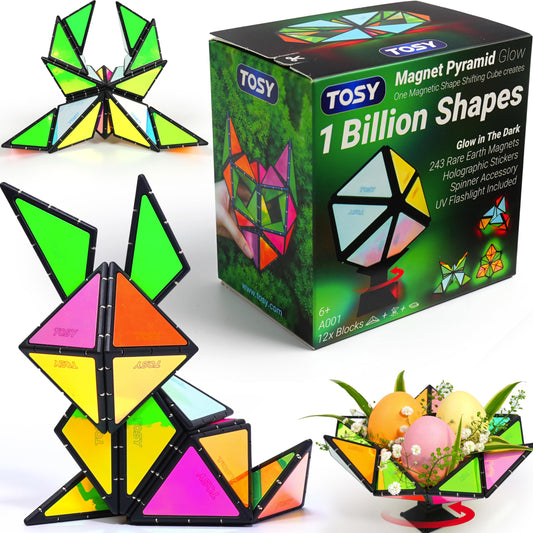 TOSY Magnet Pyramid Glow - 1 Cube Transforms into 1 Billion Shapes, Easter Basket Stuffers Essentials for Kids/Teens, 243 Rare Earth Magnets, Glowing, Holographic Design, Puzzle/STEAM Toy