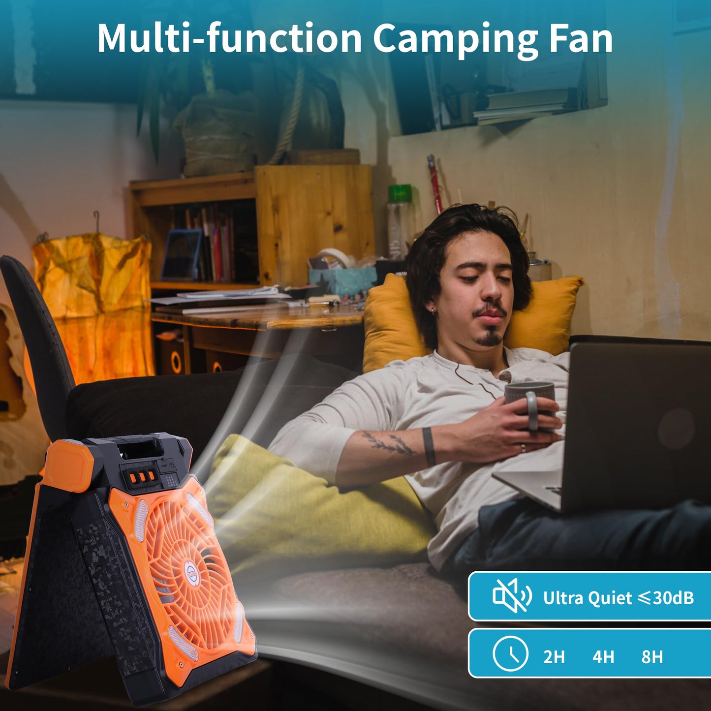 WESTTREE Solar Fan Battery Powered Rechargeable Solar Camping Fan with Led Lantern & Power Bank Foldable Angle USB Personal Fans for Travel Outdoor Camping Tents X98 Orange