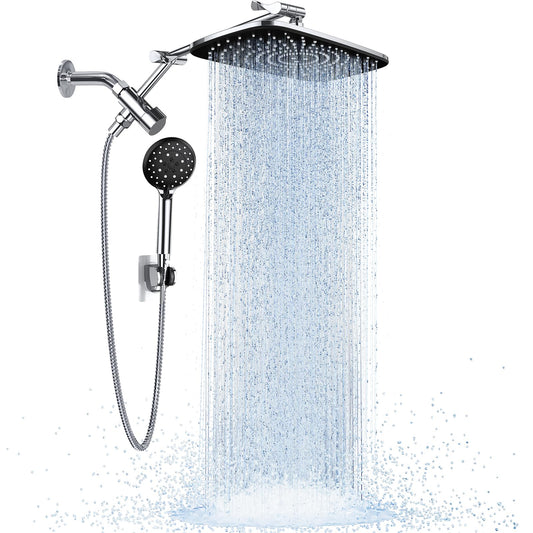 Veken Wide Rain Shower Head with 6 Modes Handheld Water Spray，High Pressure Showerhead Combo with Arm for Bathroom Accessories，Home Decor Adjustable Dual Shower with Anti-Clog Nozzles,Silver Chrome