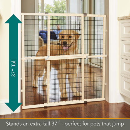 MYPET North States Wire Mesh Dog Gate: 29.5-48" Wide. Pressure Mount. No Tools Needed. Made in USA. Dog Gate 37" Tall, Expandable, Durable Dog Gates for Doorways, Sustainable Hardwood