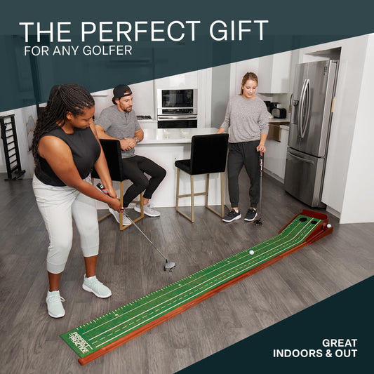Perfect Practice 2-Hole Golf Putting Mat with Ball Return – 9.5ft Portable Practice Putting Green for Home, Office, or Backyard – Golf Training Aid for Indoor, Outdoor Use - Golfing Gifts for Men