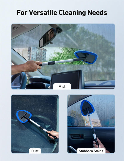 AstroAI Windshield Cleaner Tool, Car Interior Detailing Cleaning Kit with Extendable Handle and 4 Reusable Microfiber Pads, Auto Glass Wiper Brush Kit, Cars, Trucks, SUVs, Blue