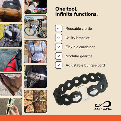 MODL Infinity Tool™ 2.0 Modular Straps (4-Pack) - Flexible Multi-Tool, Utility Bracelet, Gear Strap, Wearable Gadget for Outdoor Adventure, Survival, Camping, Travel, EDC (Black)