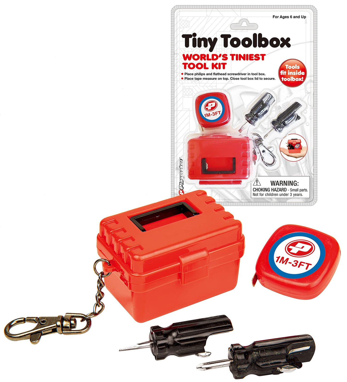 PMT Holdings World's Tiniest Tool Box - Includes; Flathead Driver, Screw Driver, Measuring Tape, Tool Box Carry Case on a Keychain