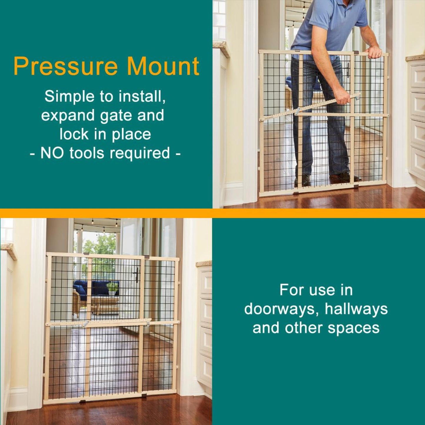 MYPET North States Wire Mesh Dog Gate: 29.5-48" Wide. Pressure Mount. No Tools Needed. Made in USA. Dog Gate 37" Tall, Expandable, Durable Dog Gates for Doorways, Sustainable Hardwood
