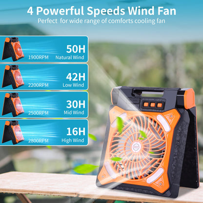 WESTTREE Solar Fan Battery Powered Rechargeable Solar Camping Fan with Led Lantern & Power Bank Foldable Angle USB Personal Fans for Travel Outdoor Camping Tents X98 Orange