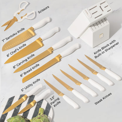 Gold Knife Set with Block Self-Sharpening – 14-Piece Titanium Coated Gold and Off-White Kitchen Knives with White Block and Built-In Sharpener – Stylish Luxury Kitchen Accessories and Decor
