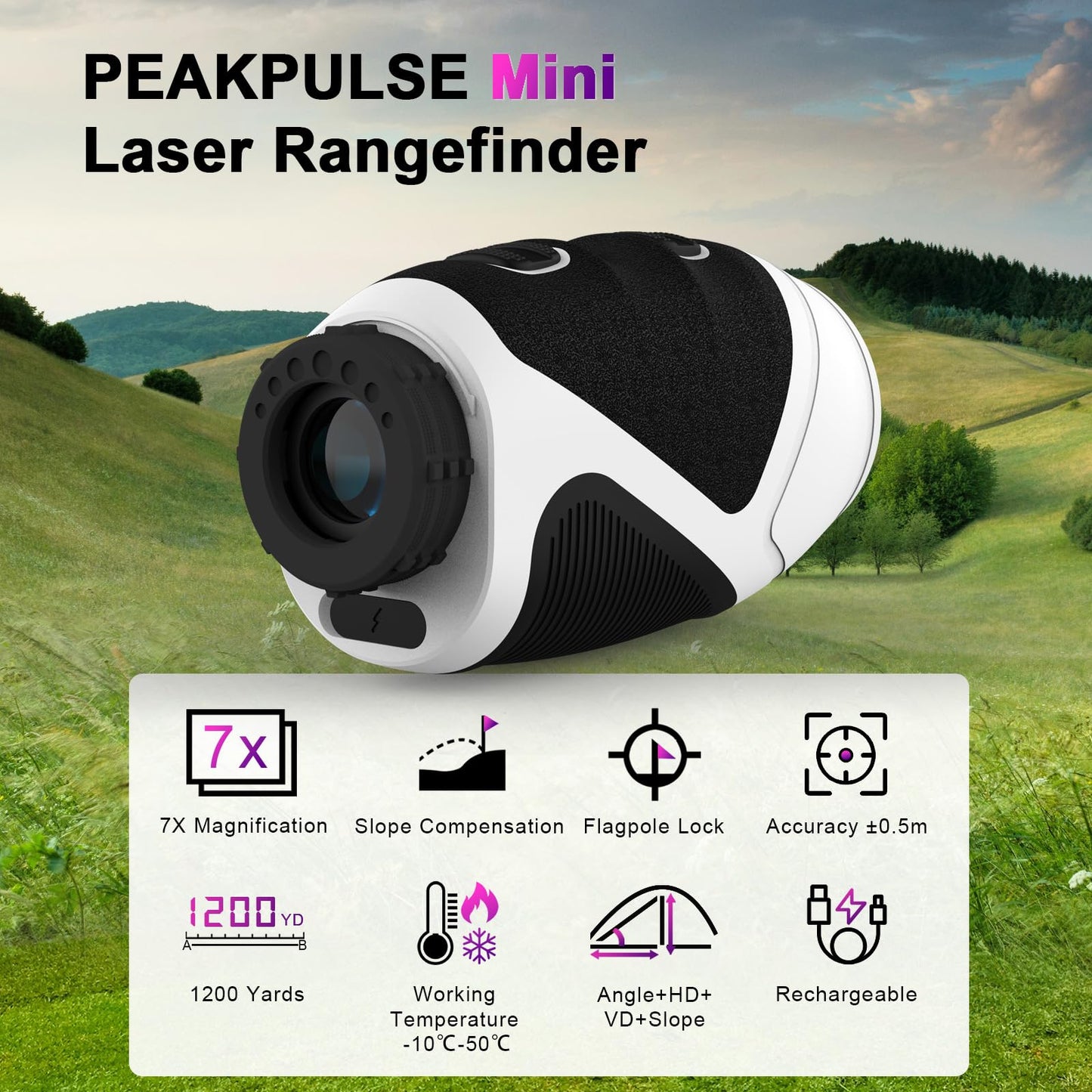 PEAKPULSE 1200 Yards Mini Range Finder Golf Rangefinder HDLCD 7X Magnification with Slope Laser Distance Rangefinder for Men Women Junior Rechargeable Flag Pole Locked with Vibration Angle Measurement