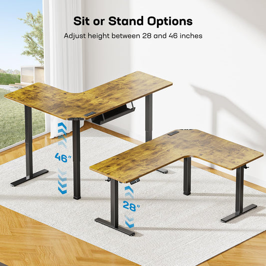 HUANUO 63″ Dual Motor L-Shaped Standing Desk, Built-in Power Outlets, Electric Height Adjustable Corner Computer Desk, Large Power Strip Holder, Sit Stand Up Desk with 3 Preset Heights, Vintage Brown