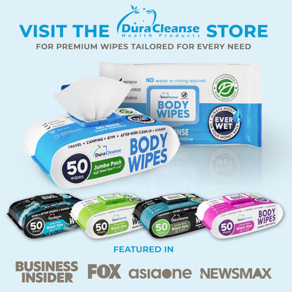 XL Body Wipes for Adults Bathing No Rinse - 50 Ct. + 4 Travel Shower Wipes - 9"x12" Thick Cleansing Bath Wash Sheets for Elderly Incontinence, Men & Women - Camping Essentials Disposable Washcloths