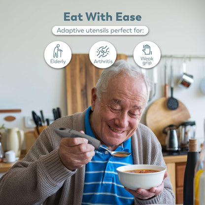 BUNMO Utensils for Elderly, Arthritis, Weak Hand Grip, Tremors & Handicapped - Convenient Travel Pouch - 2.6oz Lightweight - Stainless Steel - Eat Independently - Adaptive Gray 4 Piece Set
