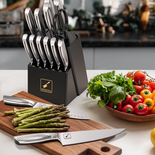 imarku Knife Set,15 PCS Kitchen Knife Set With Block, Premium HC Stainless Steel Knife Block Set With Built-in Sharpener, Kitchen Knives With Ergonomic Handle, Dishwasher Safe, Mothers Day Gifts, Black
