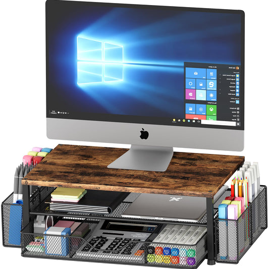 OPNICE Desk Organizers and Accessories, 2-Tier Computer Monitor Stand for Desk Organizer with Drawer and 2 Pen Holders, Office Desk Accessories Workspace Desktop Organizers for Office Supplies, Brown