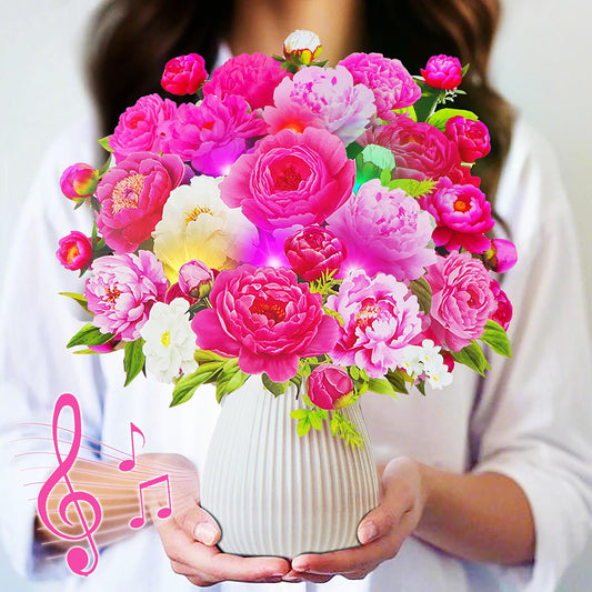 MZD8391 Mothers Day Card, Pop Up Birthday Cards with MUSIC & LIGHTS, Pink Penoy, 12 Inch Life Sized Forever Flower Bouquet Mother's Day Gifts for Women Mom Grandma