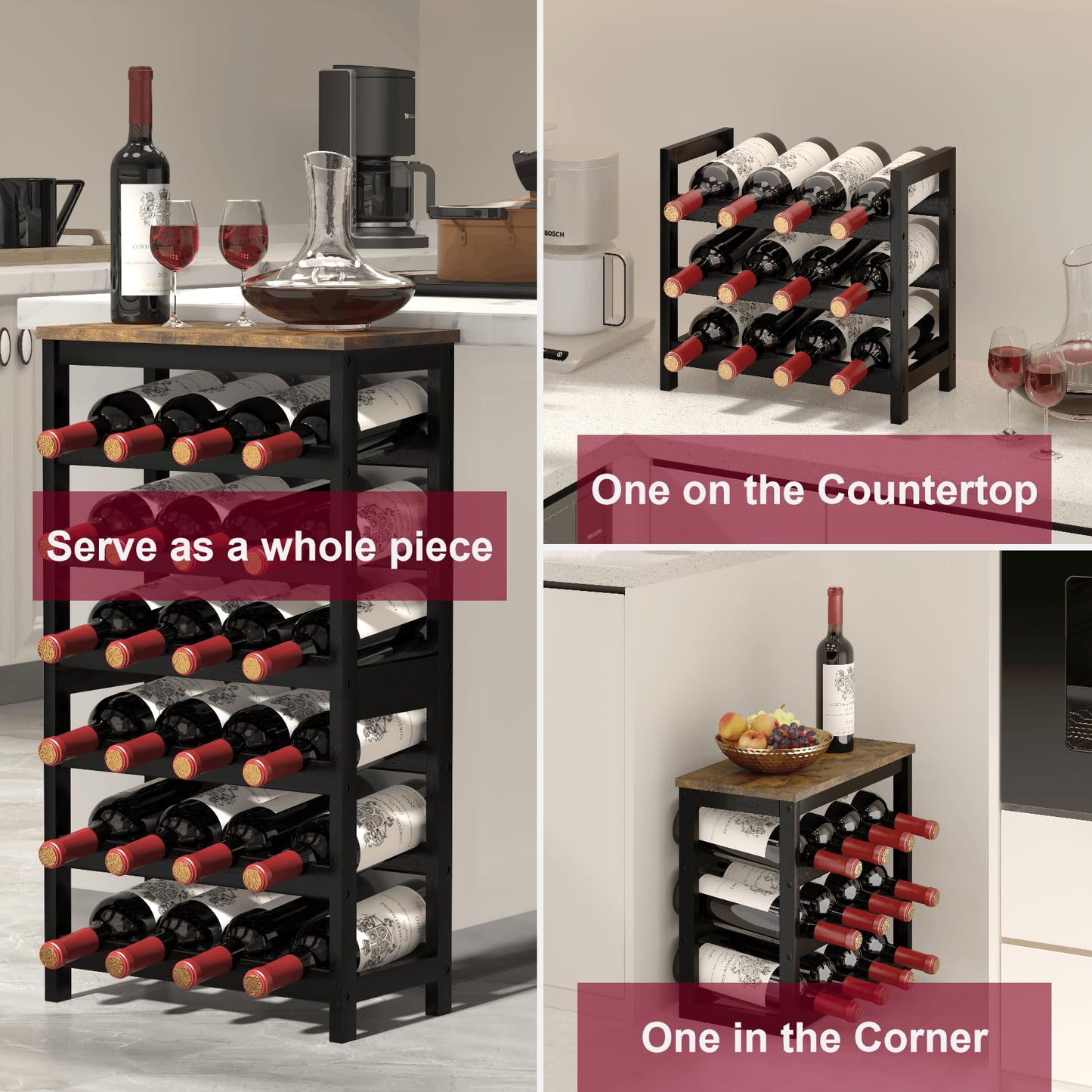 MOGELAFOO 6 Tier Bamboo Wine Rack Freestanding Floor, 24 Bottles Wine Storage Shelves with Table Top, Stackable Wine Display Rack for Kitchen, Bar, Dining Room, Rustic Brown and Black
