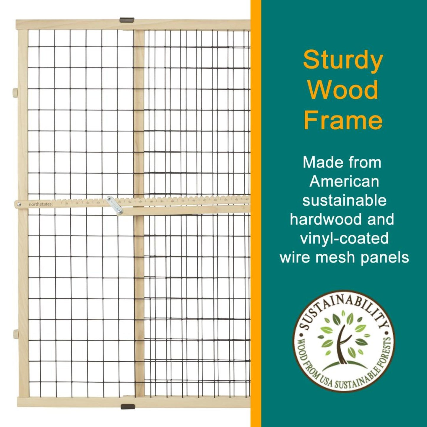MYPET North States Wire Mesh Dog Gate: 29.5-48" Wide. Pressure Mount. No Tools Needed. Made in USA. Dog Gate 37" Tall, Expandable, Durable Dog Gates for Doorways, Sustainable Hardwood