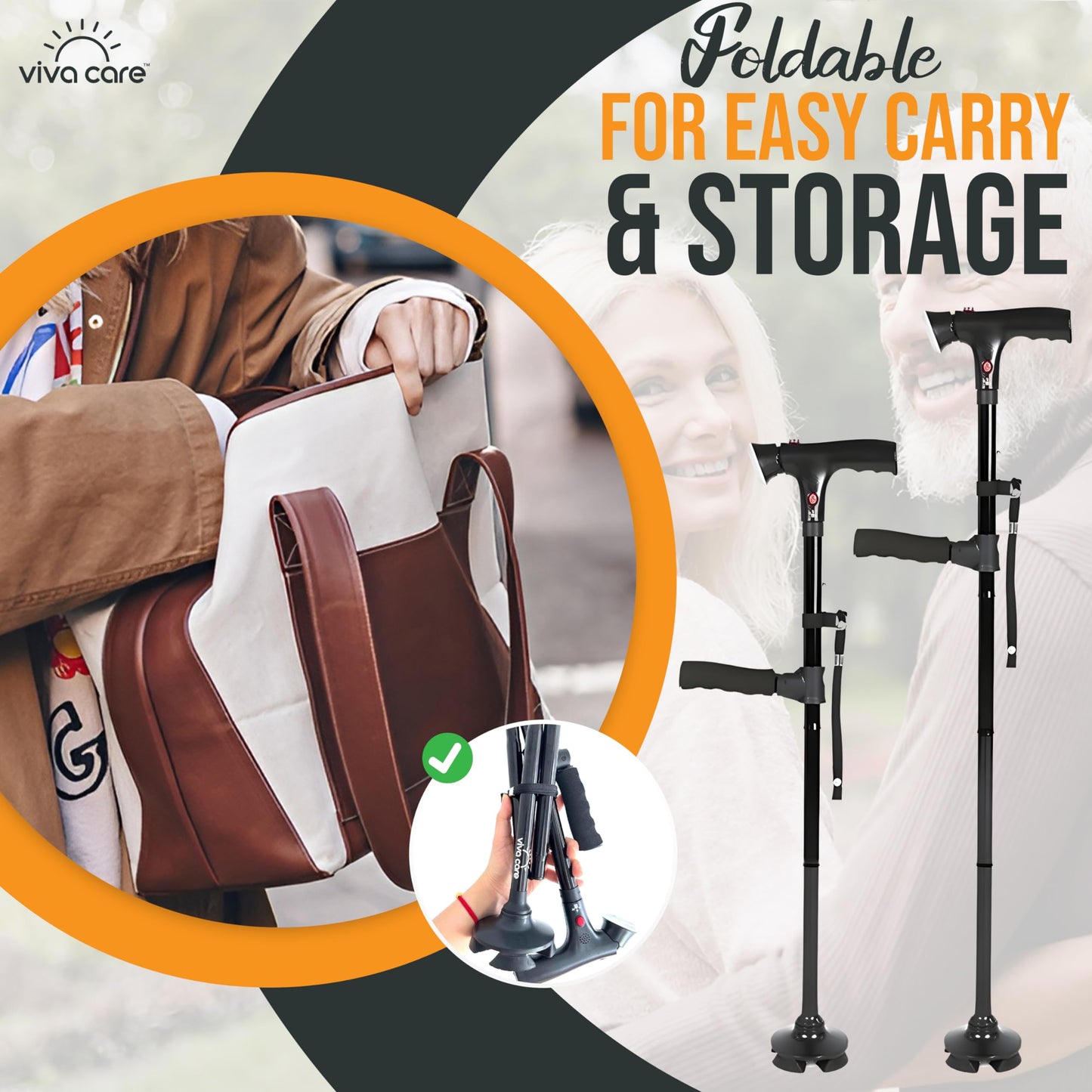 VIVA CARE Walking Cane with Light & Alarm - Foldable, Adjustable, Lightweight, for Balance & Stability for Adults, Seniors, & Injured. [Black]