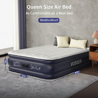 VOSSER Air Mattress Queen with Built in Pump,18'' Inflatable Mattress of Vertical Beams,Self Inflatable/Deflation Blow Up Mattress in 3 Mins,Flocked Top Airbed with Carry Bag for Home, Camping