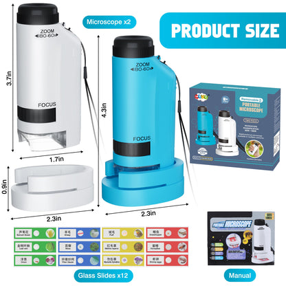 Portable Microscope for Kids Zoom 60x-180x,Handheld Mini Microscope STEM & Science Toys,LED Pocket Little Scientist Microscopes with 12pcs Slides,Gifts for 6,7,8,9,10+ Girls Boys（Blue&White）