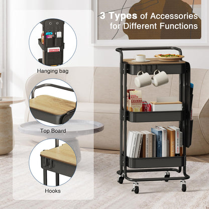 DTK 3 Tier Metal Utility Rolling Cart with Table Top and Side Bags, Tray Storage Organizer Wheels, Art Craft 4 Hooks for Kitchen Bathroom Office Living Room (Black)