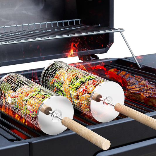 Rolling Grill Basket(2PCS), Removable Wooden Handle, 304 Stainless Steel, Nesting Grilling Net, BBQ Accessories Tool for Vegetable Shrimp, Outdoor Cooking Camping, Birthday Gifts for Men Dad Husband