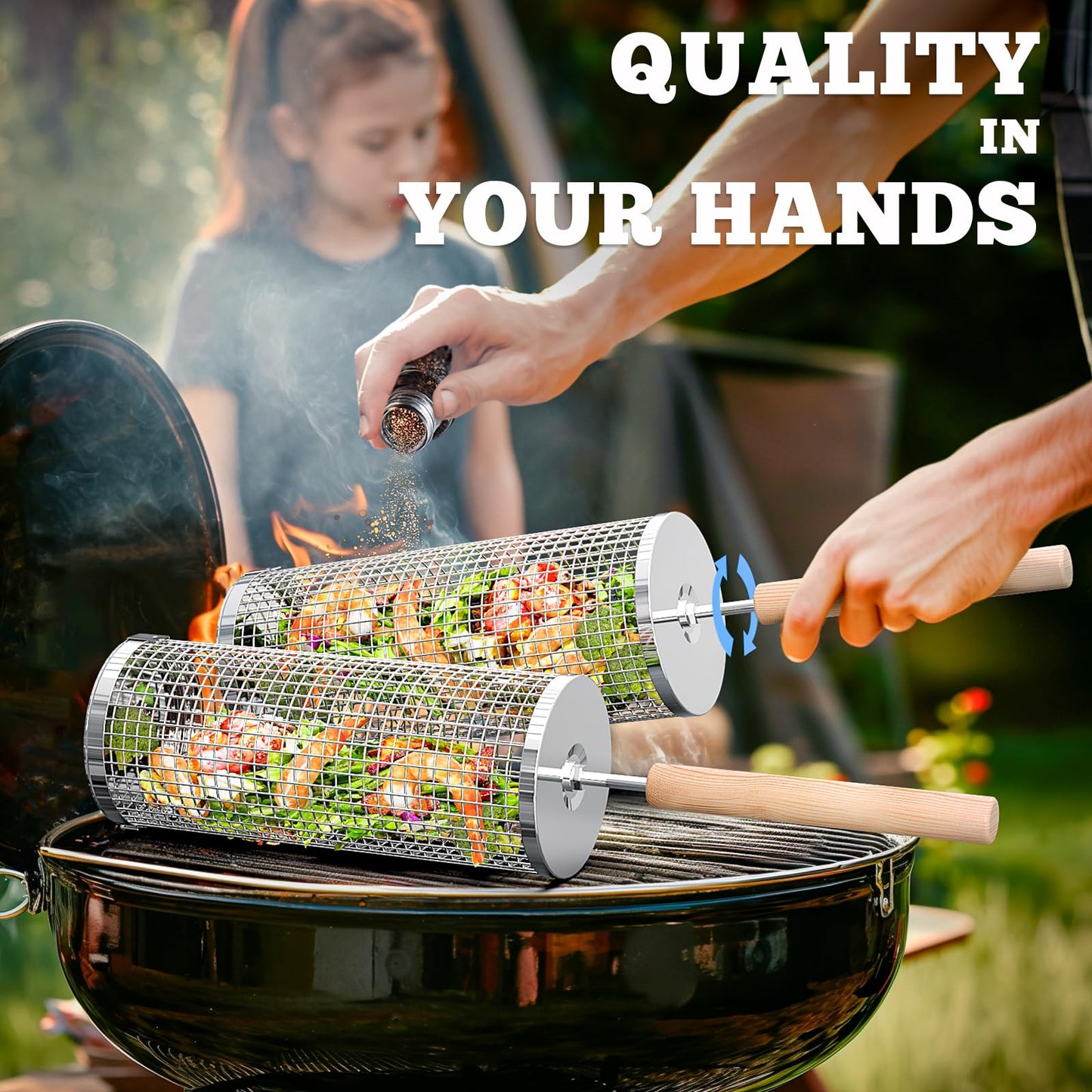 Rolling Grill Basket(2PCS), Removable Wooden Handle, 304 Stainless Steel, Nesting Grilling Net, BBQ Accessories Tool for Vegetable Shrimp, Outdoor Cooking Camping, Birthday Gifts for Men Dad Husband