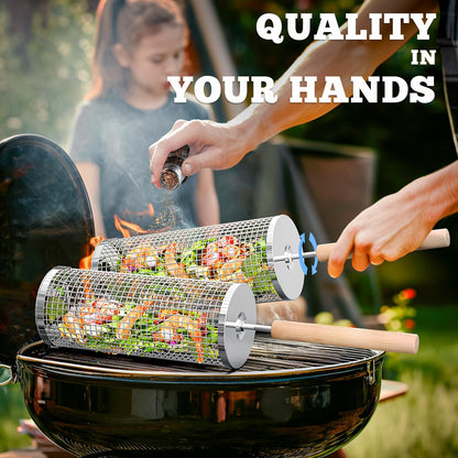 Rolling Grill Basket(2PCS), Removable Wooden Handle, 304 Stainless Steel, Nesting Grilling Net, BBQ Accessories Tool for Vegetable Shrimp, Outdoor Cooking Camping, Birthday Gifts for Men Dad Husband
