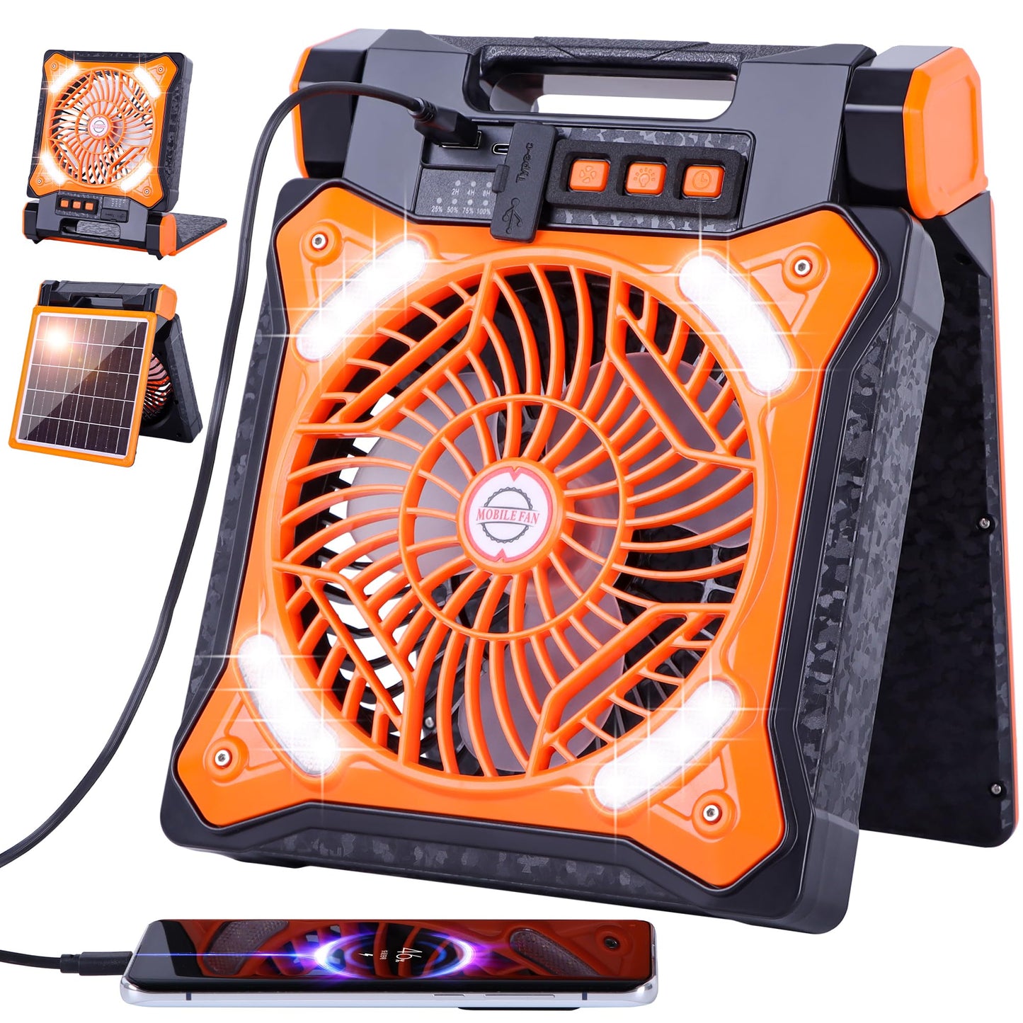 WESTTREE Solar Fan Battery Powered Rechargeable Solar Camping Fan with Led Lantern & Power Bank Foldable Angle USB Personal Fans for Travel Outdoor Camping Tents X98 Orange
