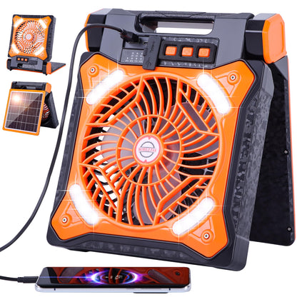 WESTTREE Solar Fan Battery Powered Rechargeable Solar Camping Fan with Led Lantern & Power Bank Foldable Angle USB Personal Fans for Travel Outdoor Camping Tents X98 Orange