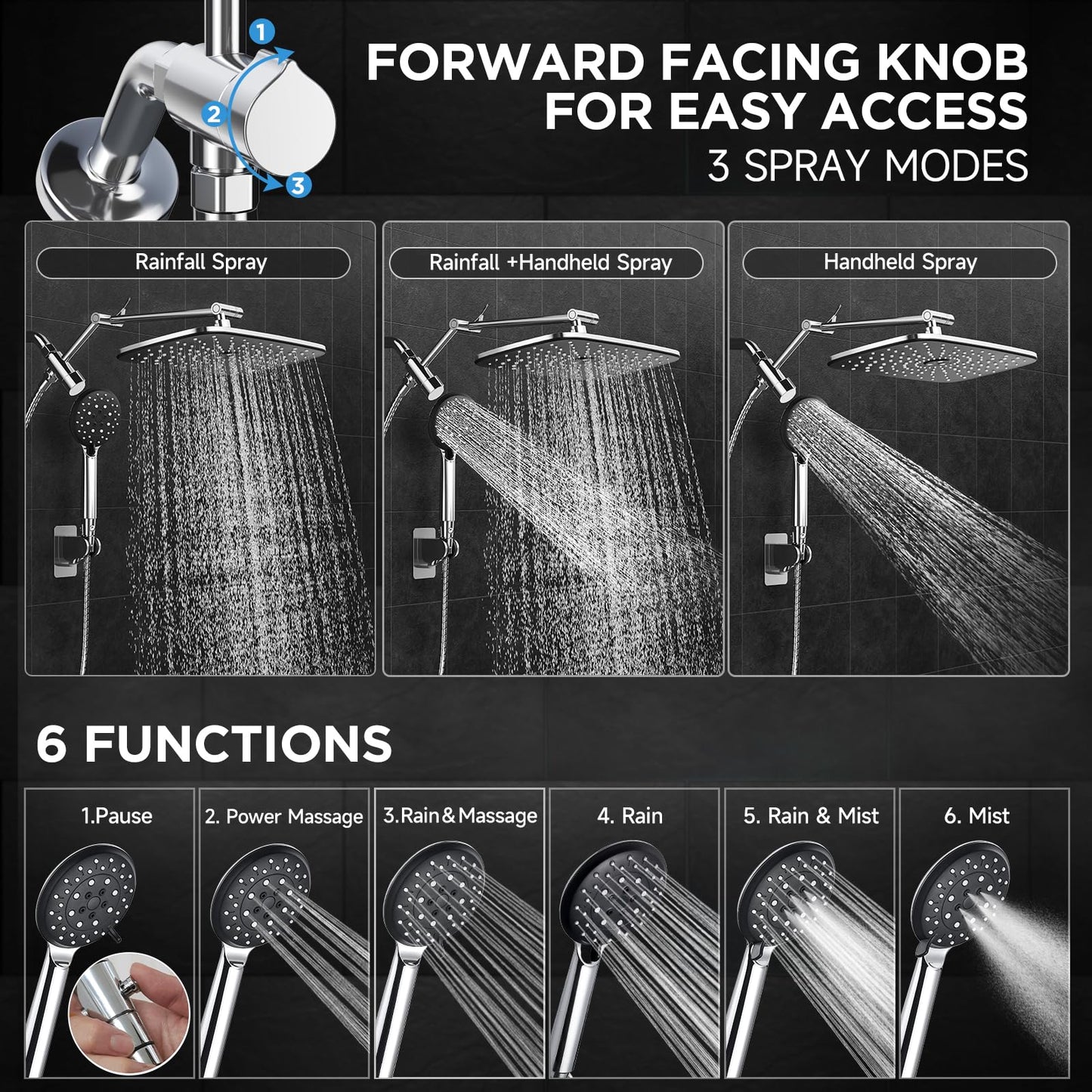 Veken Wide Rain Shower Head with 6 Modes Handheld Water Spray，High Pressure Showerhead Combo with Arm for Bathroom Accessories，Home Decor Adjustable Dual Shower with Anti-Clog Nozzles,Silver Chrome