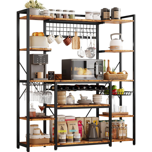 IRONCK Large Bakers Rack with Power Outlet, 62 Inch Wide Microwave Stand, Coffee Bar with Storage, Kitchen Racks and Shelves