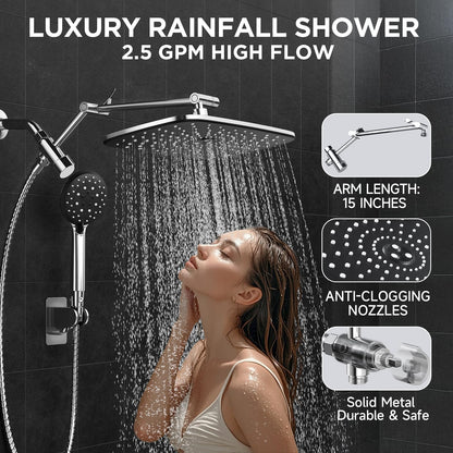 Veken Wide Rain Shower Head with 6 Modes Handheld Water Spray，High Pressure Showerhead Combo with Arm for Bathroom Accessories，Home Decor Adjustable Dual Shower with Anti-Clog Nozzles,Silver Chrome