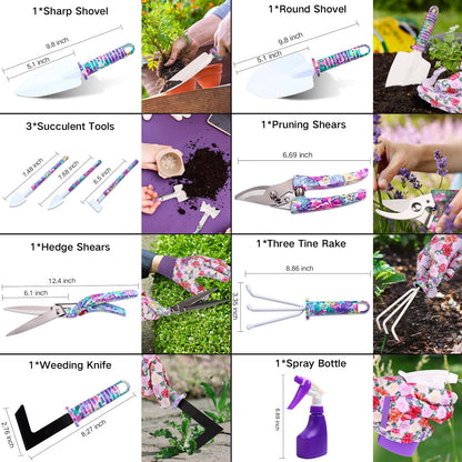 Garden Tools Set, JUMPHIGH 10 Pieces Gardening Tools with Floral Print, Ergonomic Handle Trowel Rake Weeder Pruner Shears Sprayer, Garden Hand Tools with Carrying Case Gardening Gifts for Women