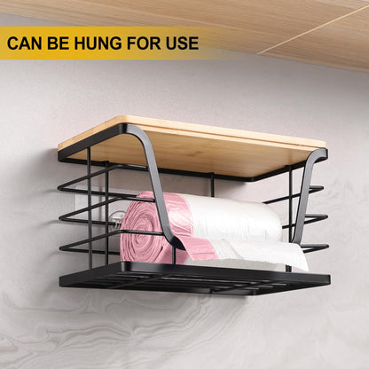 ALOCEO 2 Pack Storage Stackable Kitchen Laundry Organizers with Bamboo Top, Wall Mount Large Trash Bag Holder and Standard Garbage Bag Dispenser