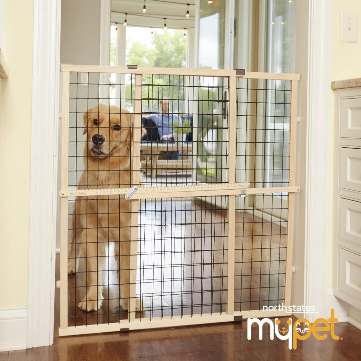 MYPET North States Wire Mesh Dog Gate: 29.5-48" Wide. Pressure Mount. No Tools Needed. Made in USA. Dog Gate 37" Tall, Expandable, Durable Dog Gates for Doorways, Sustainable Hardwood